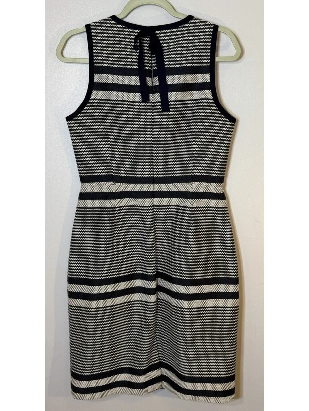 J Crew Textured Tweed Striped Sheath Dress Sleeveless Navy White Back Tie 4 Work